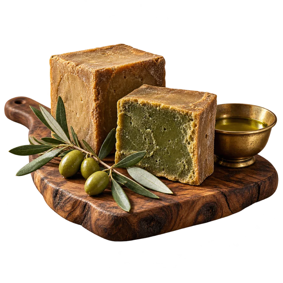 Hand-cut Aleppo soap, olive leaves and olive oil on a traditional wooden board