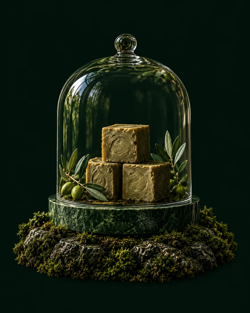 Olive soap and olive leaves under a complete glass cloche on a mossy stone base